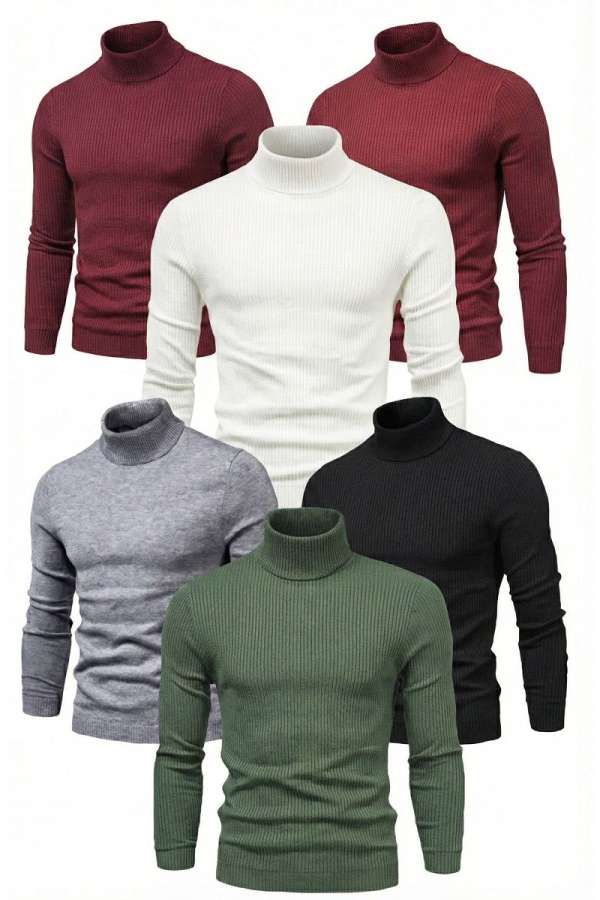 ERKEK 6'lı Siyah, Beyaz, Bordo, Gri, Haki Kaşkorse Boğazlı Full Likralı Fitilli Body Kazak