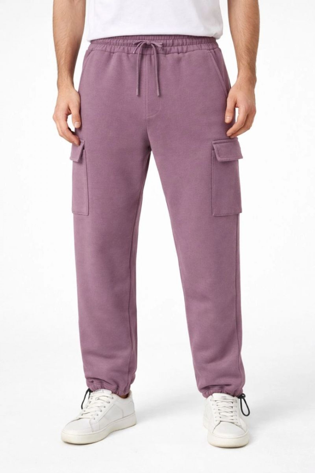 Erkek Baggy 3 İplik Kargo Cepli Eşofman Altı Ayarlanabilir Paça Pantolon - Gül Kurusu