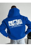 Erkek Baskılı Kapüşonlu Cepli Hoodie 3 İplik Pamuklu Sweatshirt - Saks Mavisi
