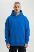 Erkek Baskılı Kapüşonlu Cepli Hoodie 3 İplik Pamuklu Sweatshirt - Saks Mavisi