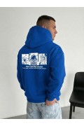 Erkek Baskılı Kapüşonlu Cepli Hoodie 3 İplik Pamuklu Sweatshirt - Saks Mavisi