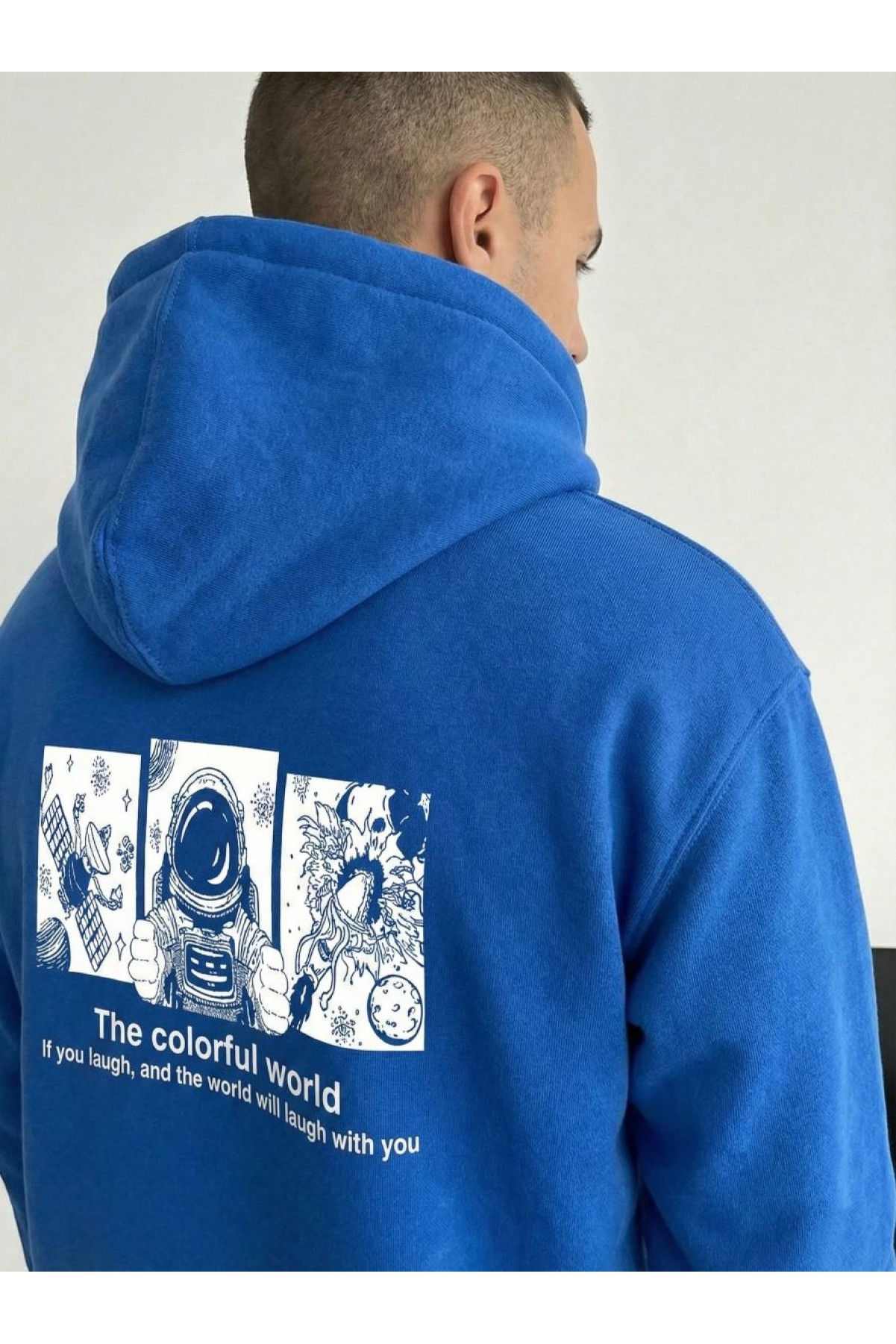 Erkek Baskılı Kapüşonlu Cepli Hoodie 3 İplik Pamuklu Sweatshirt - Saks Mavisi