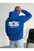 Erkek Baskılı Kapüşonlu Cepli Hoodie 3 İplik Pamuklu Sweatshirt - Saks Mavisi