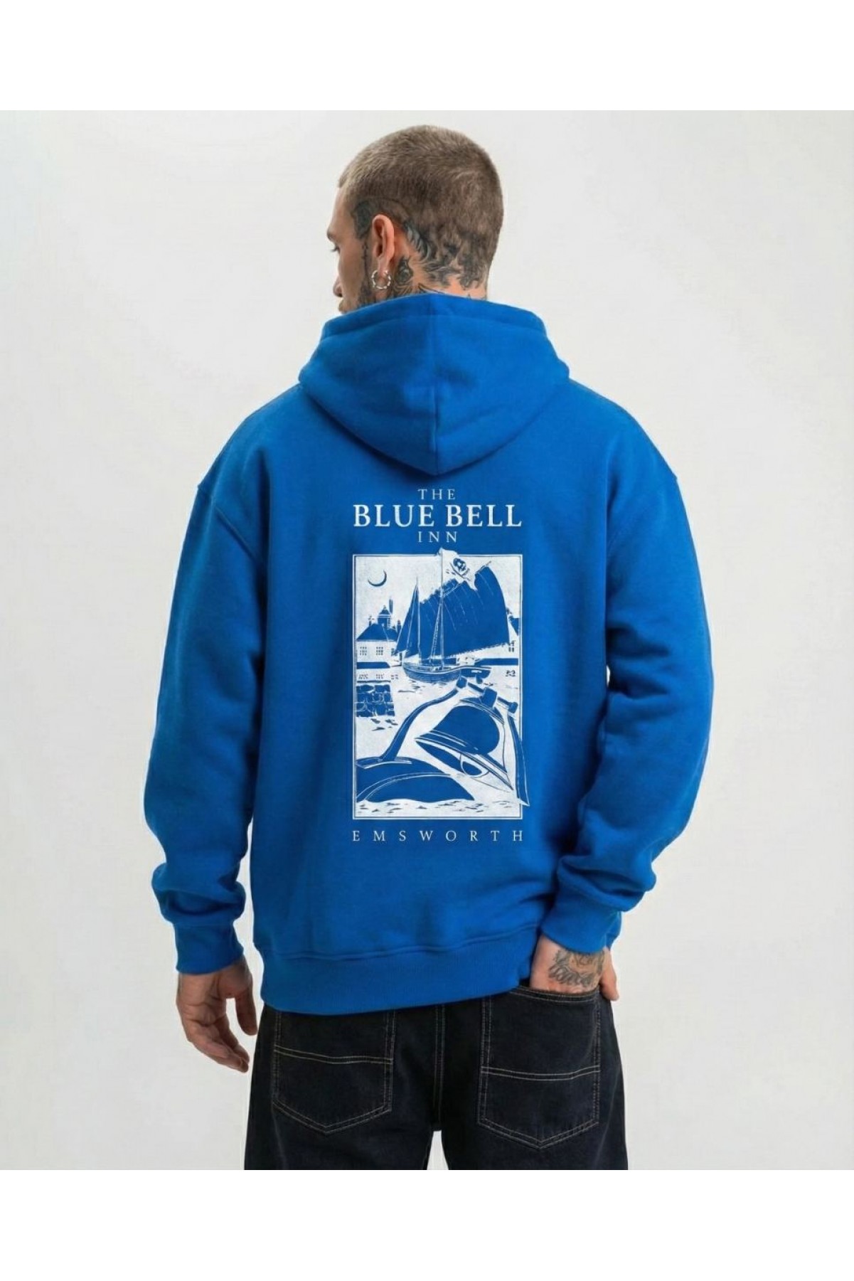 Erkek Baskılı Kapüşonlu Cepli Hoodie 3 İplik Pamuklu Sweatshirt - Saks Mavisii