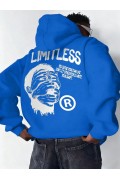 Erkek Baskılı Kapüşonlu Cepli Hoodie 3 İplik Pamuklu Sweatshirt - Saks Mavisi