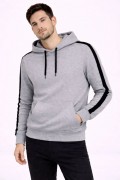 Erkek Şeritli Kapüşonlu Sweatshirt Oversize 3 iplik Pamuklu Hoodie - Gri