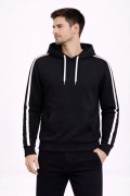 Erkek Şeritli Kapüşonlu Sweatshirt Oversize 3 iplik Pamuklu Hoodei - Siyah