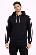 Erkek Şeritli Kapüşonlu Sweatshirt Oversize 3 iplik Pamuklu Hoodei - Siyah