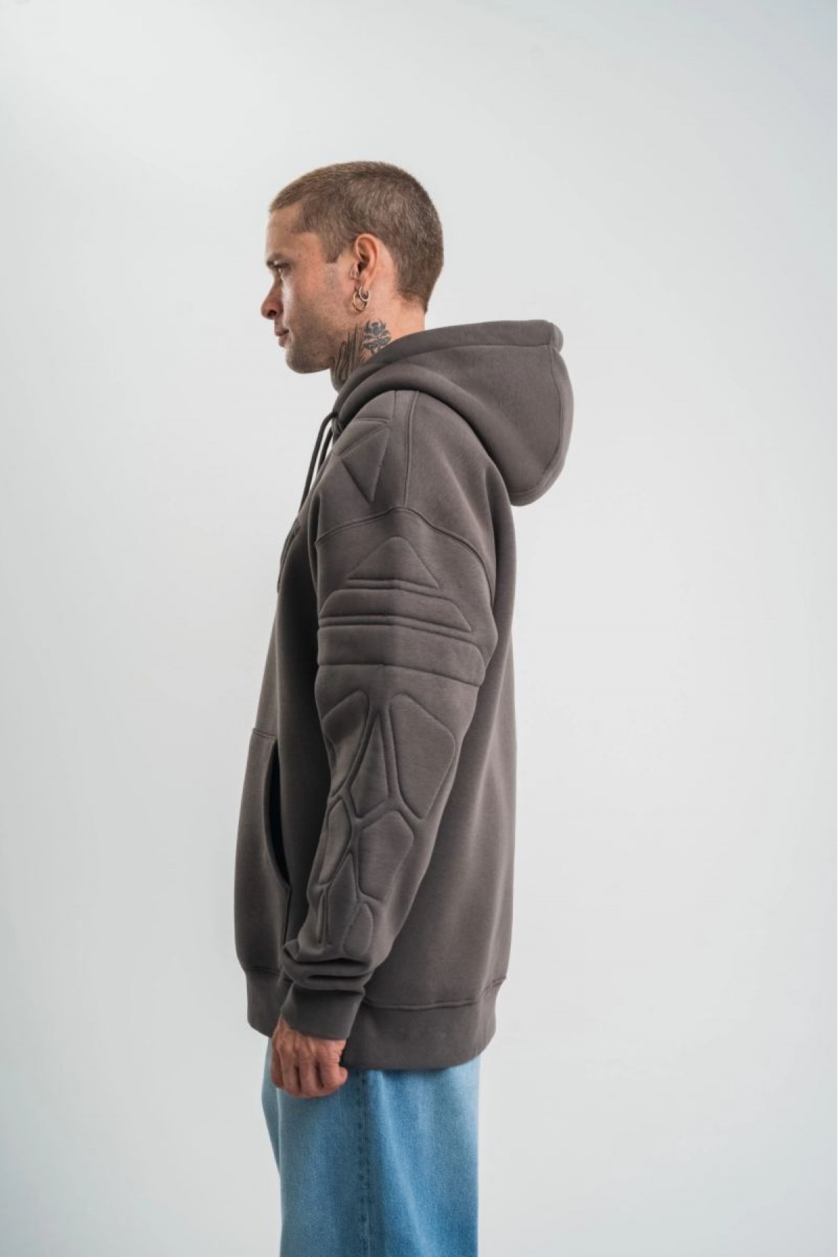 Erkek Nakışlı Kapüşonlu Oversize 3 İplik Pamuklu SweatShirt Hoodie - Füme