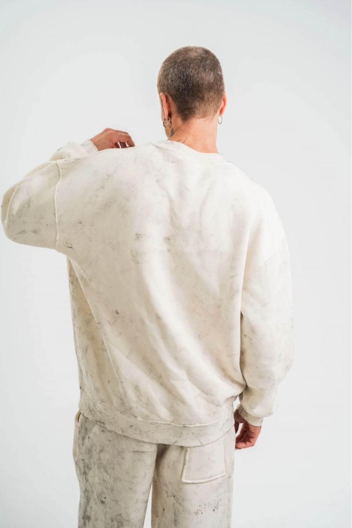 Erkek 3 İplik Pamuklu Yağ Yıkamalı Bisiklet Yaka Sweatshirt Oversize Hoodie - Krem