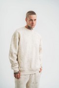 Erkek 3 İplik Pamuklu Yağ Yıkamalı Bisiklet Yaka Sweatshirt Oversize Hoodie - Krem