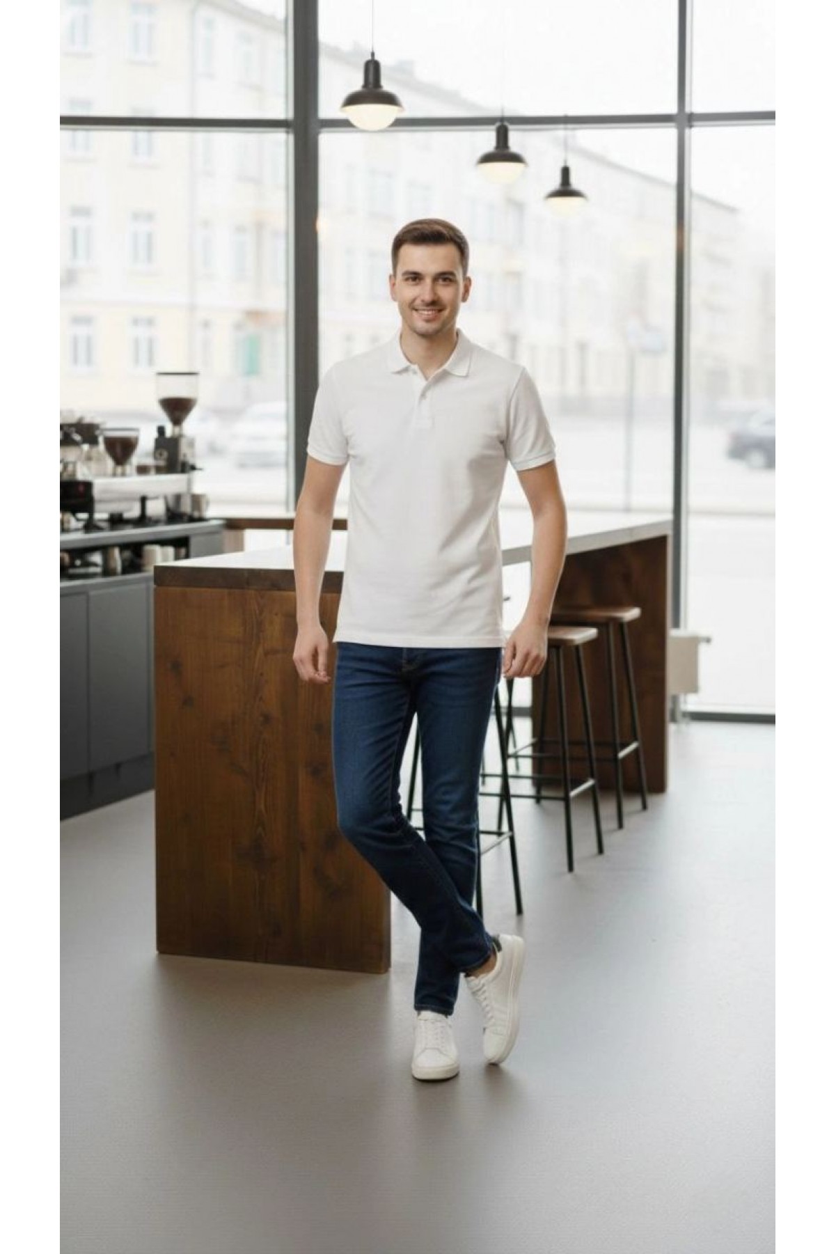 Erkek Polo Yaka Düğmeli Pike Kumaş Tişört Regular Fit Kısa Kol T-Shirt - Beyaz