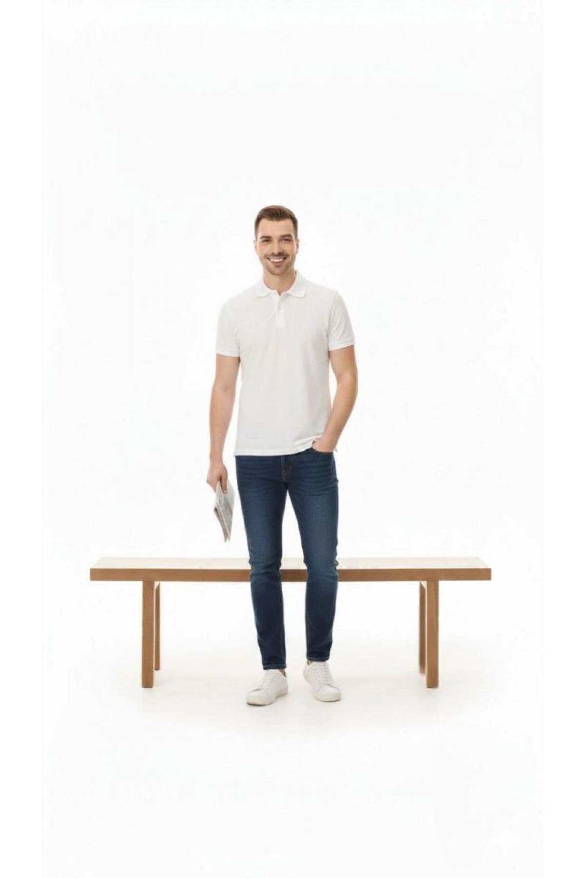 Erkek Polo Yaka Düğmeli Pike Kumaş Tişört Regular Fit Kısa Kol T-Shirt - Beyaz