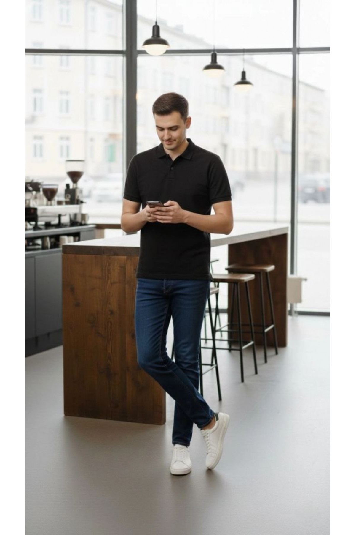 Erkek Polo Yaka Düğmeli Pike Kumaş Tişört Regular Fit Kısa Kol T-Shirt - Siyah