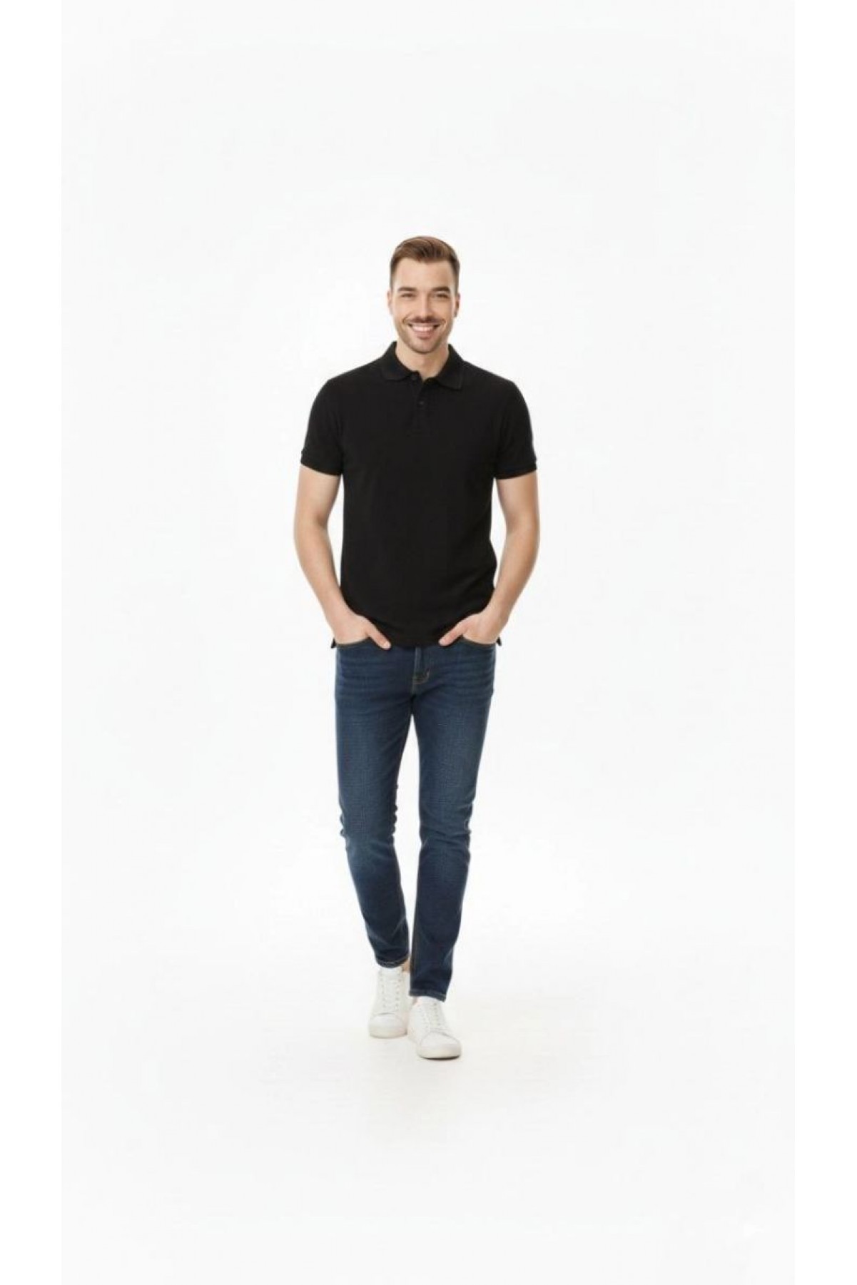 Erkek Polo Yaka Düğmeli Pike Kumaş Tişört Regular Fit Kısa Kol T-Shirt - Siyah