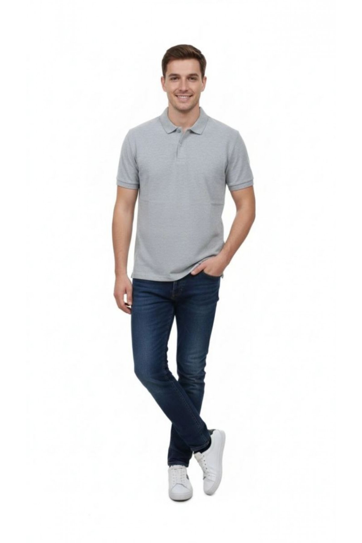 Erkek Polo Yaka Düğmeli Pike Kumaş Tişört Regular Fit Kısa Kol T-Shirt - Gri