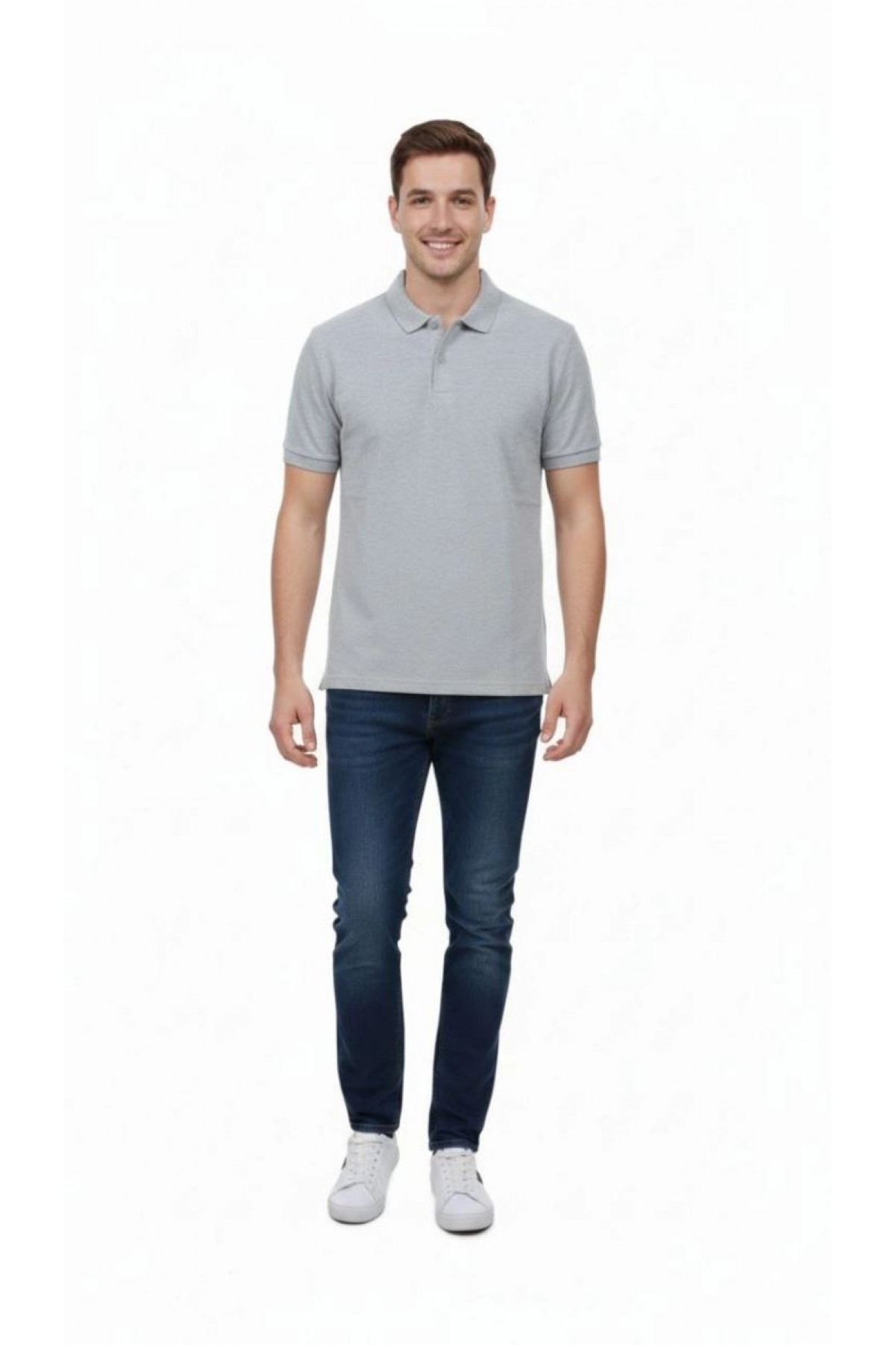 Erkek Polo Yaka Düğmeli Pike Kumaş Tişört Regular Fit Kısa Kol T-Shirt - Gri