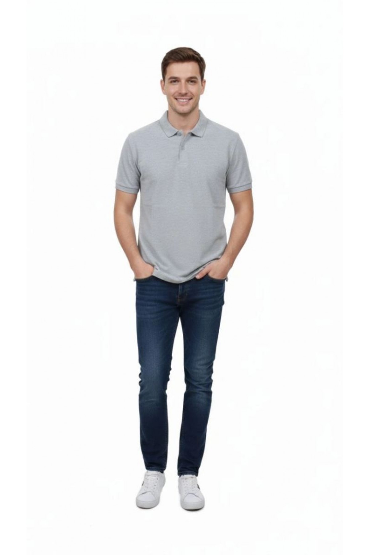 Erkek Polo Yaka Düğmeli Pike Kumaş Tişört Regular Fit Kısa Kol T-Shirt - Gri