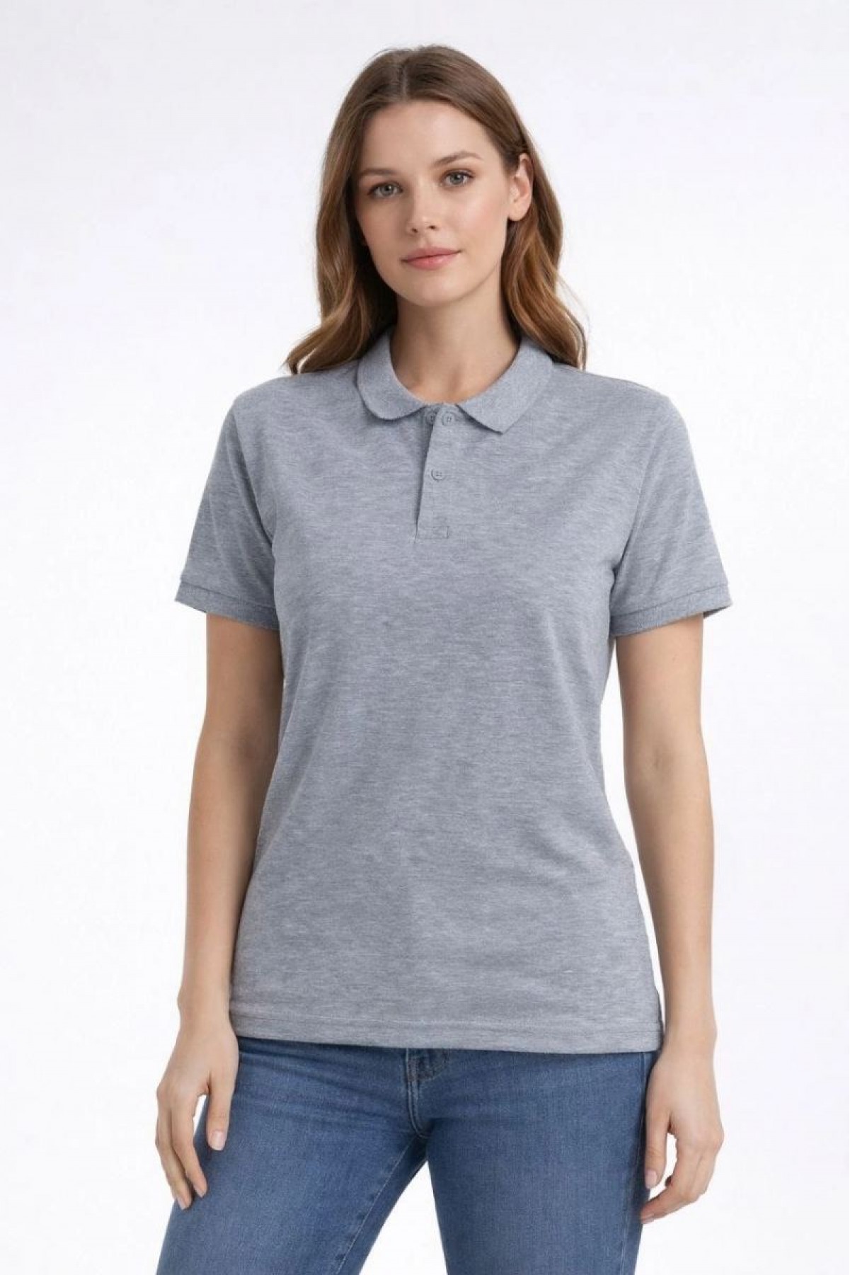 Kadın Polo Yaka Tişört Pike Kumaş Kısa Kol Regular Fit Yazlık T-Shirt - Gri