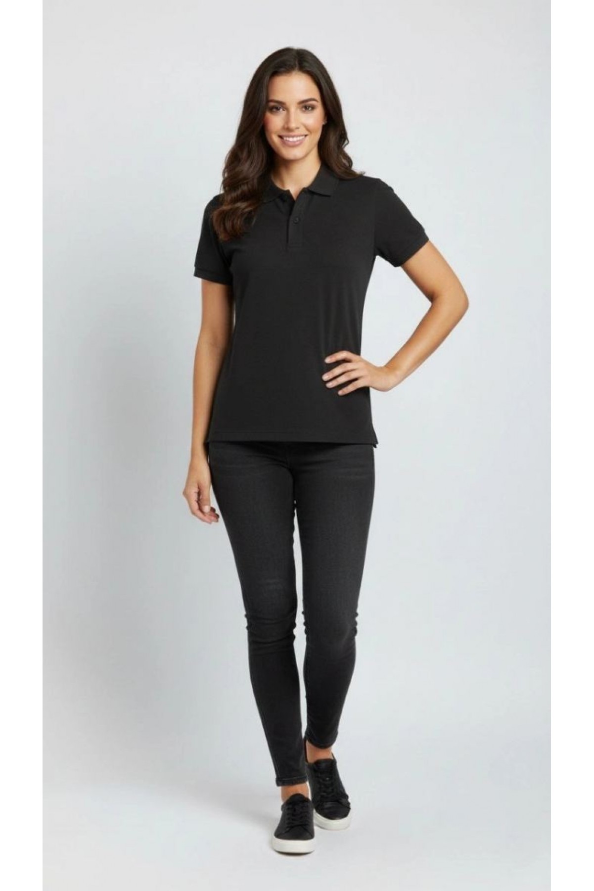 Kadın Polo Yaka Tişört Pike Kumaş Kısa Kol Regular Fit Yazlık T-Shirt - Siyah