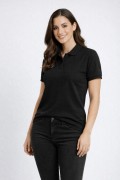 Kadın Polo Yaka Tişört Pike Kumaş Kısa Kol Regular Fit Yazlık T-Shirt - Siyah