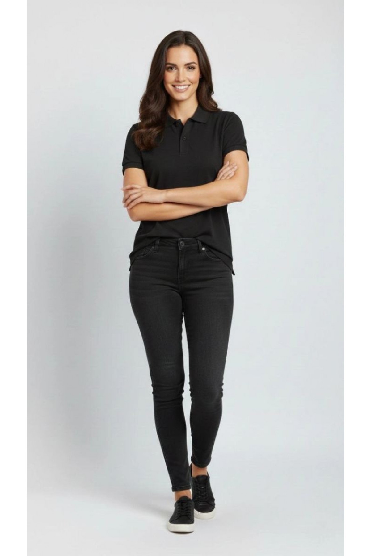 Kadın Polo Yaka Tişört Pike Kumaş Kısa Kol Regular Fit Yazlık T-Shirt - Siyah