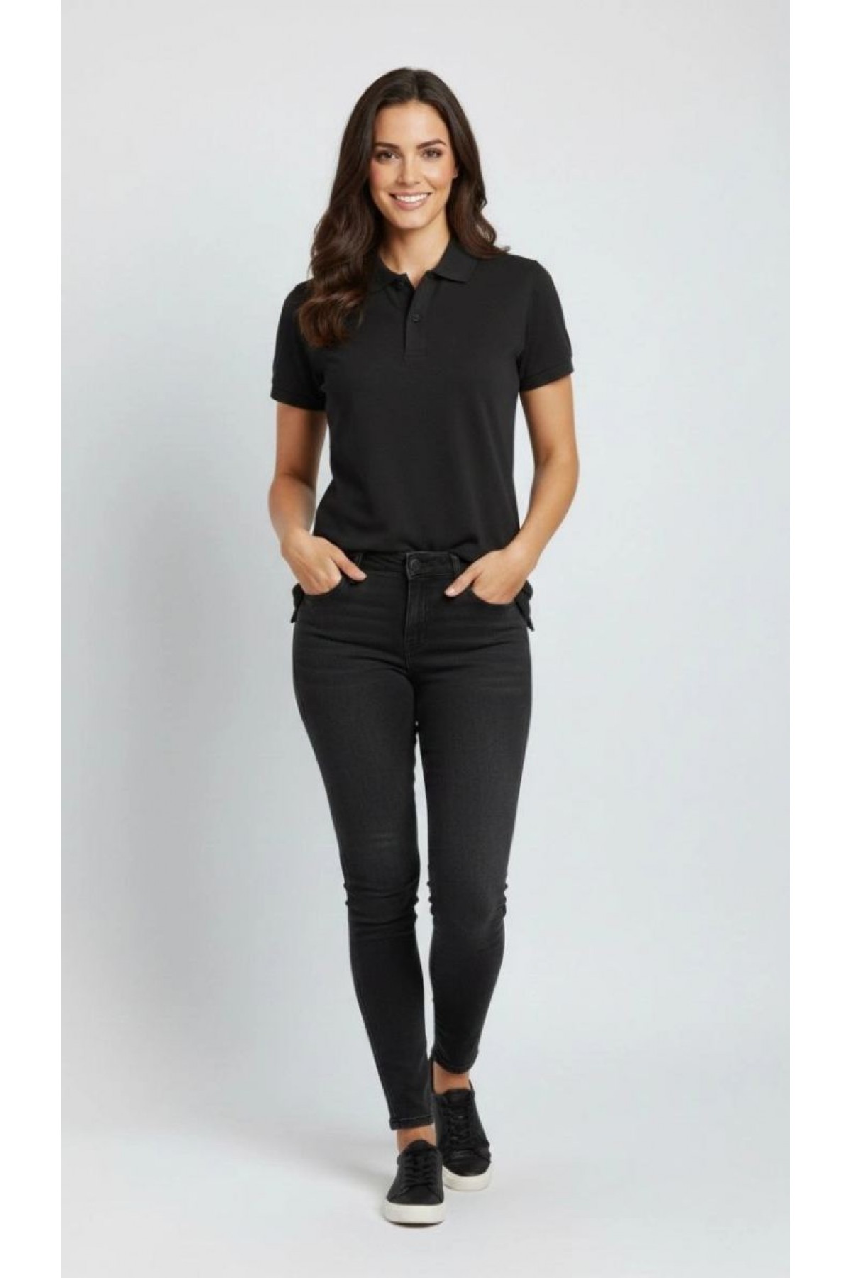 Kadın Polo Yaka Tişört Pike Kumaş Kısa Kol Regular Fit Yazlık T-Shirt - Siyah