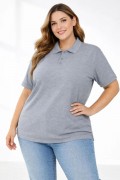 Kadın Battal Beden Tişört Polo Yaka Pike Kumaş Kısa Kol T-Shirt - Gri