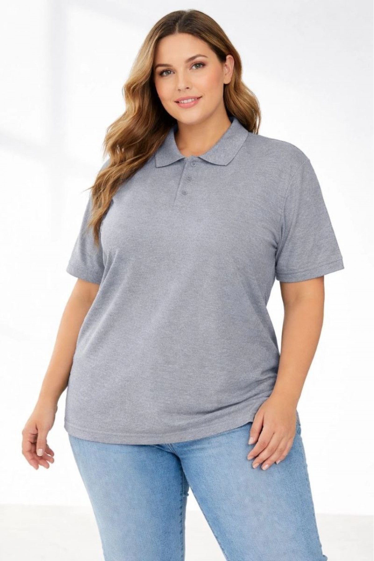 Kadın Battal Beden Tişört Polo Yaka Pike Kumaş Kısa Kol T-Shirt - Gri