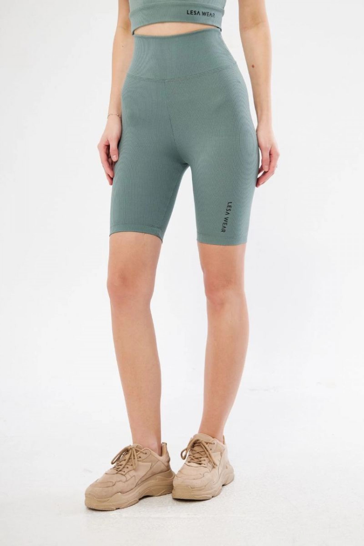 Yüksek Bel Fitilli Biker Baskılı Şort - Mint Yeşili