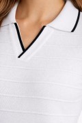 Kadın Yazlık Dokuma Triko Tişört Düğmesiz Polo Yaka Kısa Kol T-Shirt - Beyaz