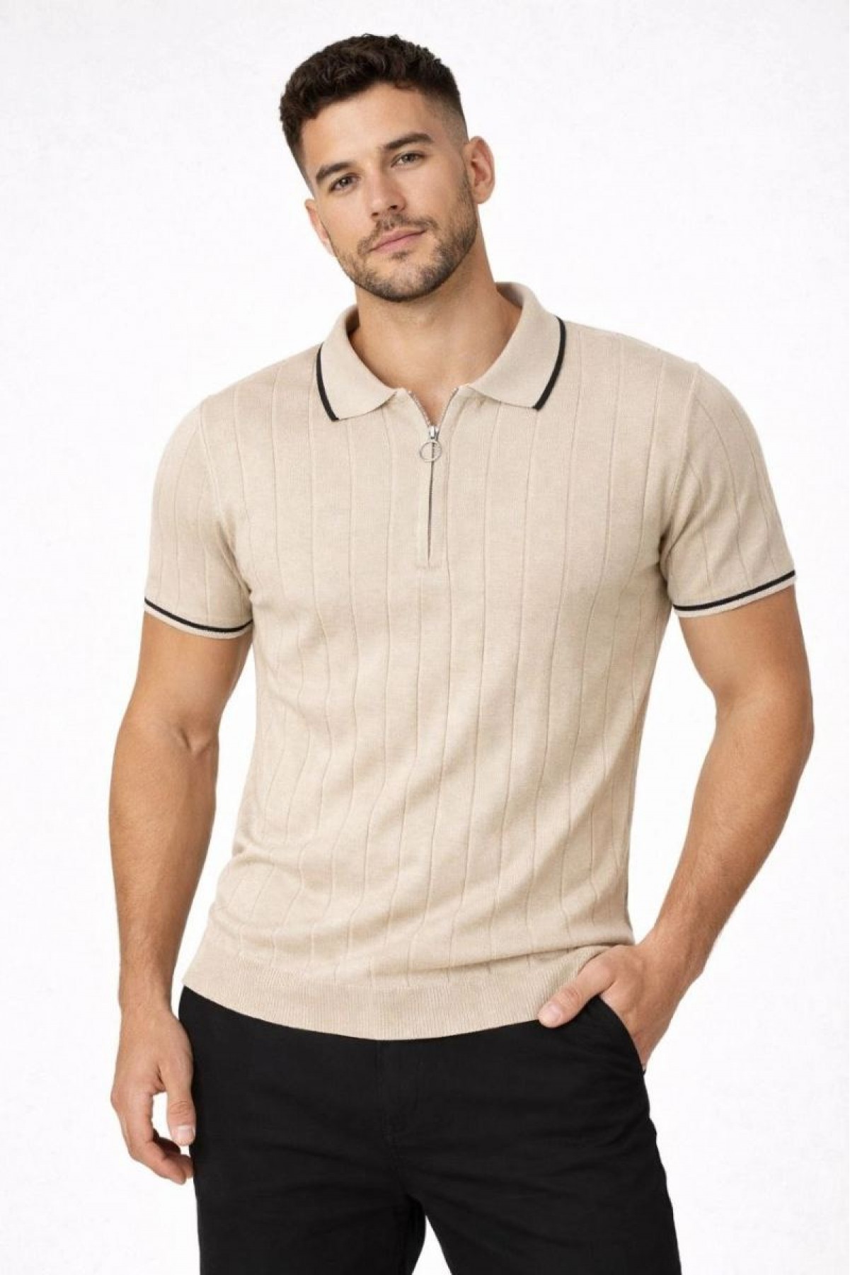 Erkek Yazlık Dokuma Triko Tişört Fermuarlı Polo Yaka Kısa Kol T-Shirt - Bej