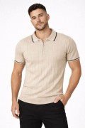 Erkek Yazlık Dokuma Triko Tişört Fermuarlı Polo Yaka Kısa Kol T-Shirt - Bej
