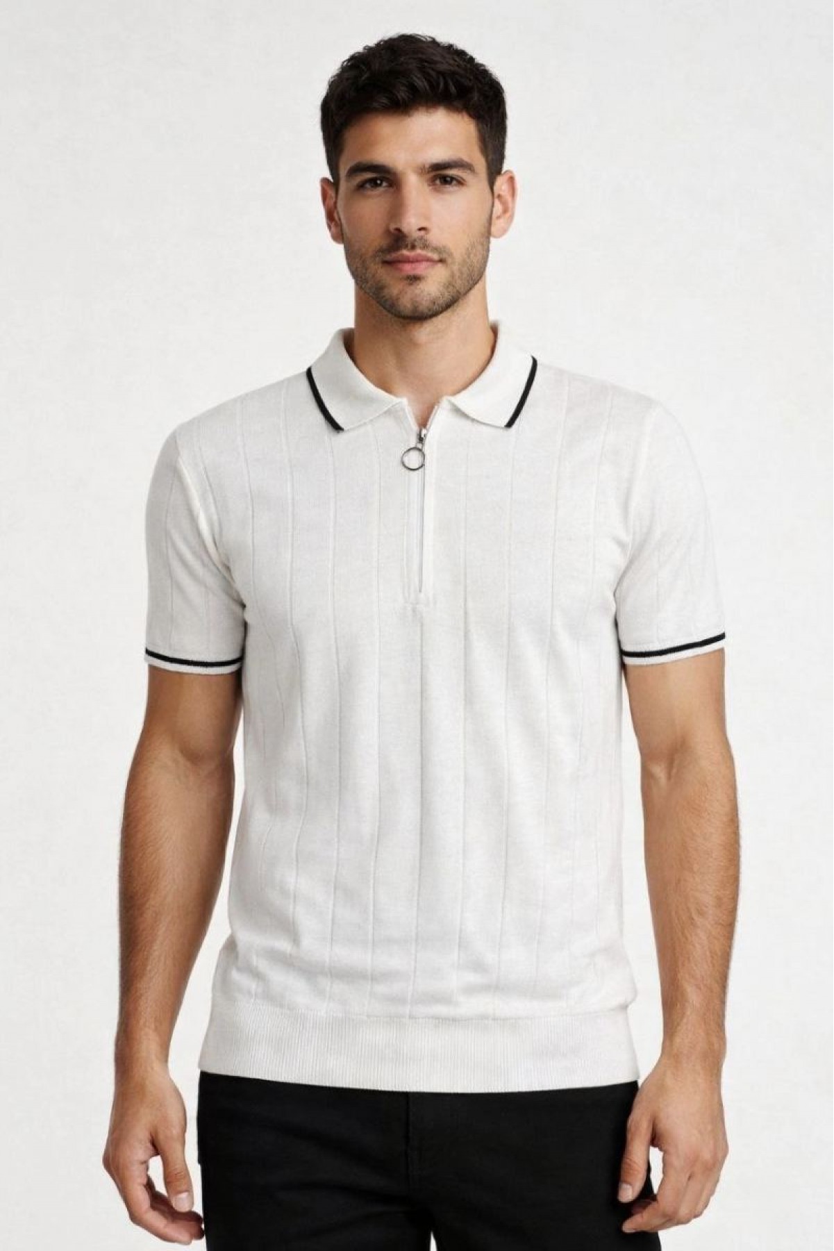 Erkek Yazlık Dokuma Triko Tişört Fermuarlı Polo Yaka Kısa Kol T-Shirt - Beyaz