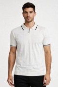 Erkek Yazlık Dokuma Triko Tişört Fermuarlı Polo Yaka Kısa Kol T-Shirt - Beyaz