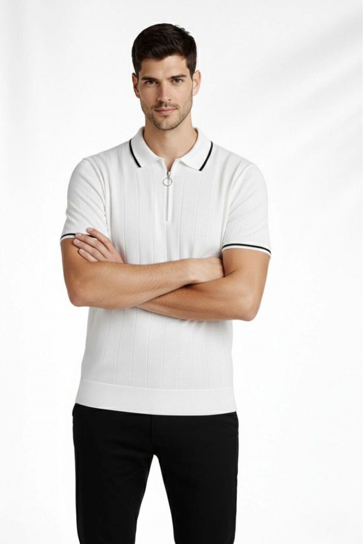 Erkek Yazlık Dokuma Triko Tişört Fermuarlı Polo Yaka Kısa Kol T-Shirt - Beyaz