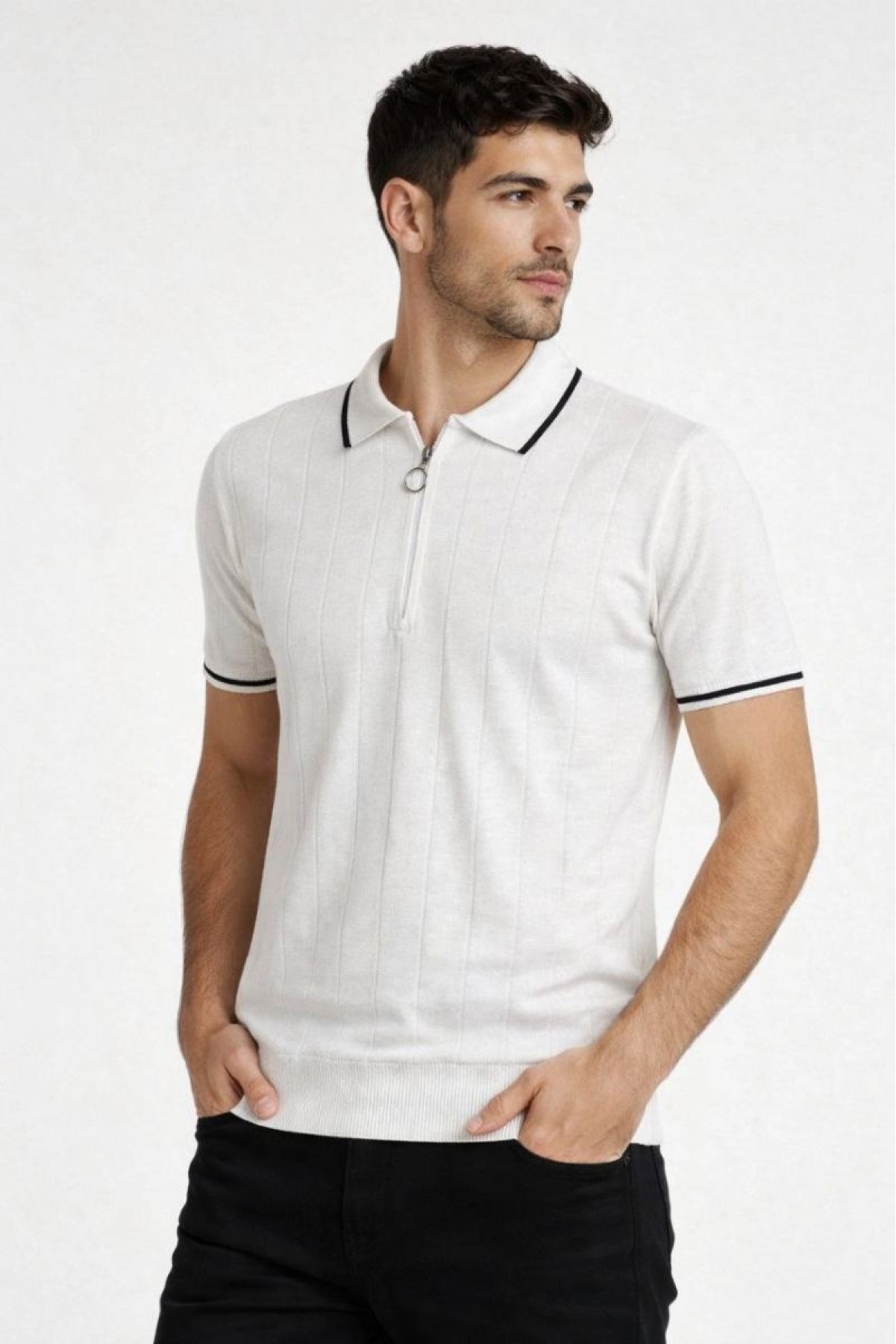 Erkek Yazlık Dokuma Triko Tişört Fermuarlı Polo Yaka Kısa Kol T-Shirt - Beyaz