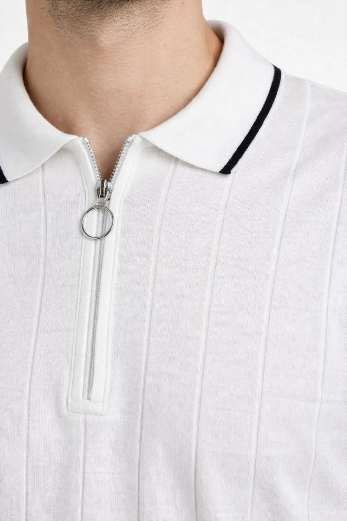 Erkek Yazlık Dokuma Triko Tişört Fermuarlı Polo Yaka Kısa Kol T-Shirt - Beyaz