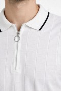 Erkek Yazlık Dokuma Triko Tişört Fermuarlı Polo Yaka Kısa Kol T-Shirt - Beyaz