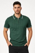 Erkek Yazlık Dokuma Triko Tişört Fermuarlı Polo Yaka Kısa Kol T-Shirt - Yeşil
