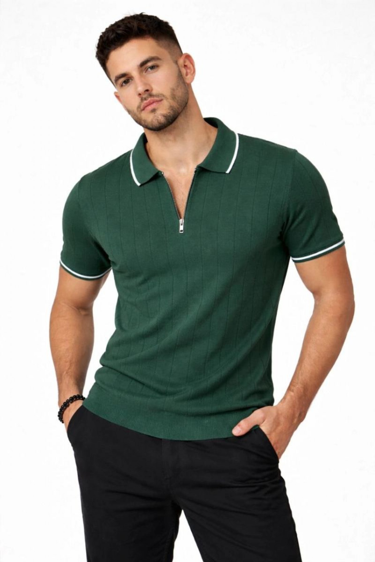 Erkek Yazlık Dokuma Triko Tişört Fermuarlı Polo Yaka Kısa Kol T-Shirt - Yeşil