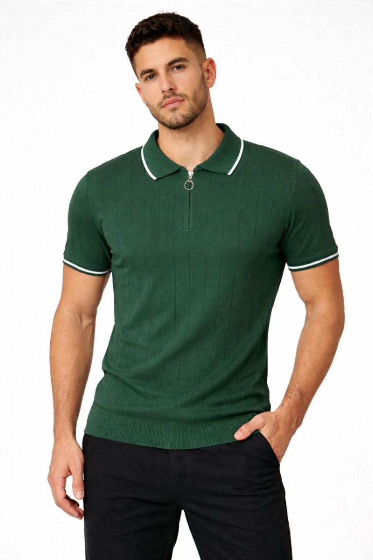 Erkek Yazlık Dokuma Triko Tişört Fermuarlı Polo Yaka Kısa Kol T-Shirt - Yeşil