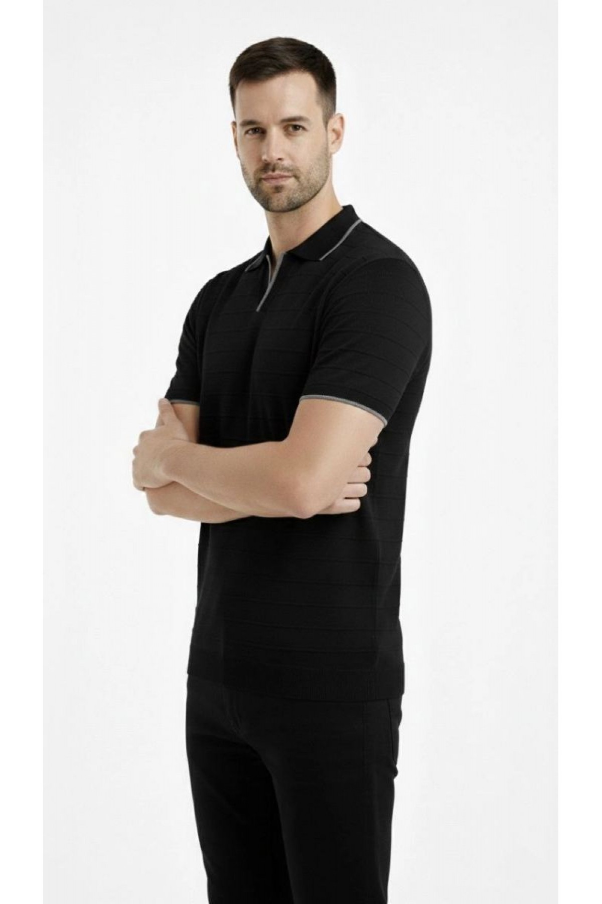 Erkek Yazlık Dokuma Triko Tişört Düğmesiz Polo Yaka Kısa Kol T-Shirt - Siyah