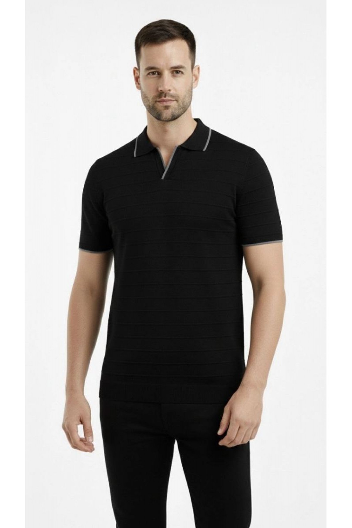 Erkek Yazlık Dokuma Triko Tişört Düğmesiz Polo Yaka Kısa Kol T-Shirt - Siyah