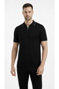 Erkek Yazlık Dokuma Triko Tişört Düğmesiz Polo Yaka Kısa Kol T-Shirt - Siyah