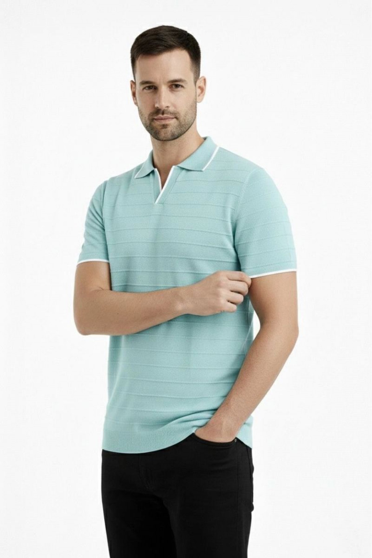 Erkek Yazlık Dokuma Triko Tişört Düğmesiz Polo Yaka Kısa Kol T-Shirt - Mint yeşili
