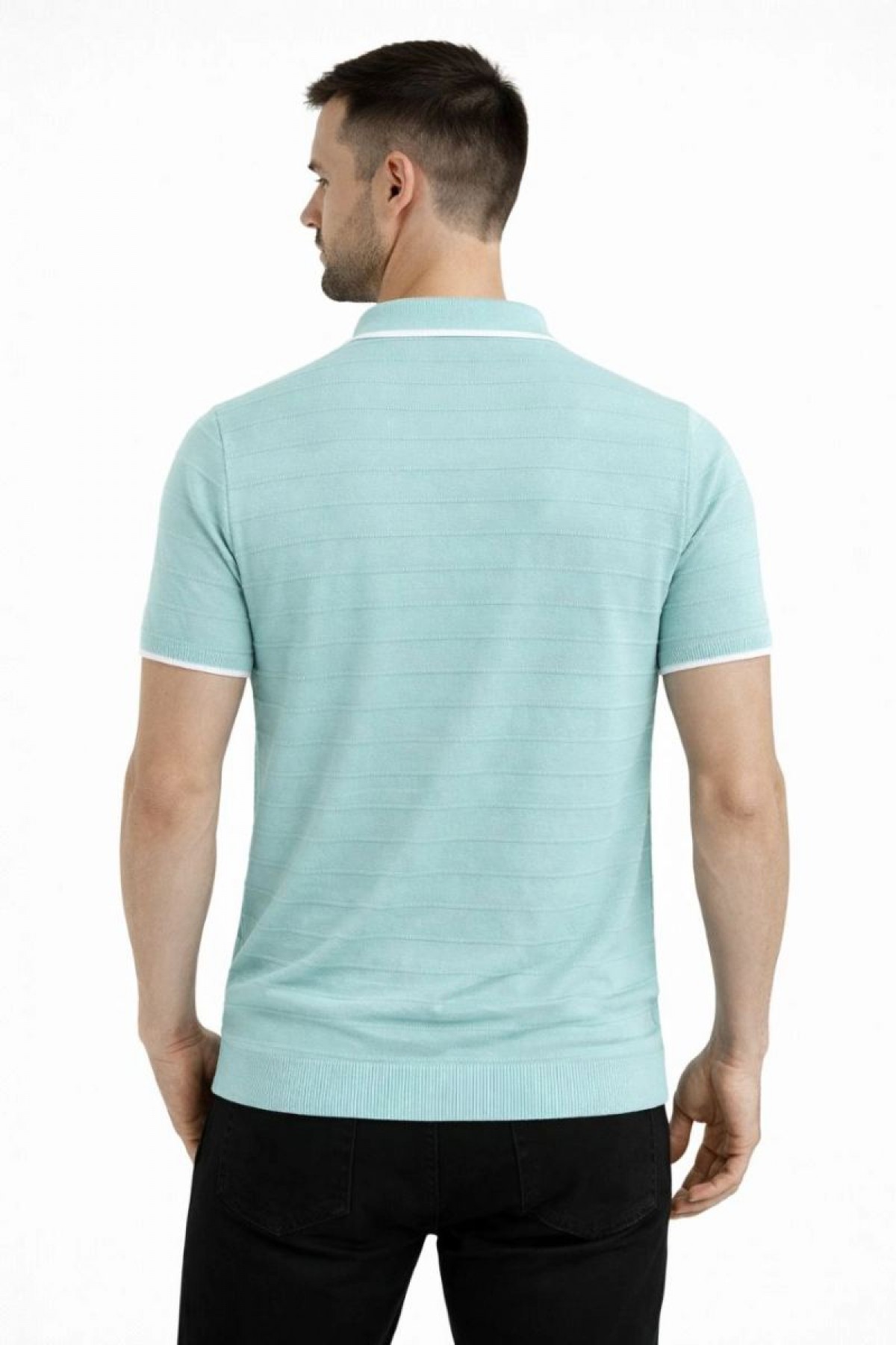 Erkek Yazlık Dokuma Triko Tişört Düğmesiz Polo Yaka Kısa Kol T-Shirt - Mint yeşili