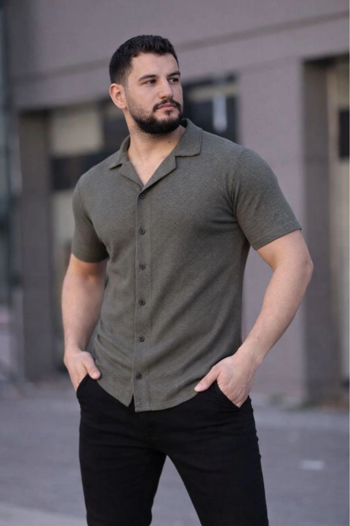 Erkek Waffle Kumaş Kısa Kollu Düğmeli Açık Yaka Regular Fit Gömlek - Haki