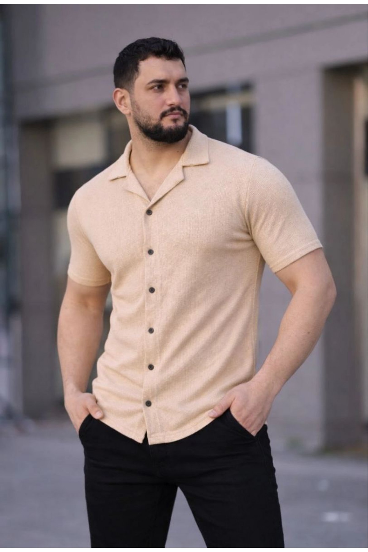 Erkek Waffle Kumaş Kısa Kollu Düğmeli Açık Yaka Regular Fit Gömlek - Bej