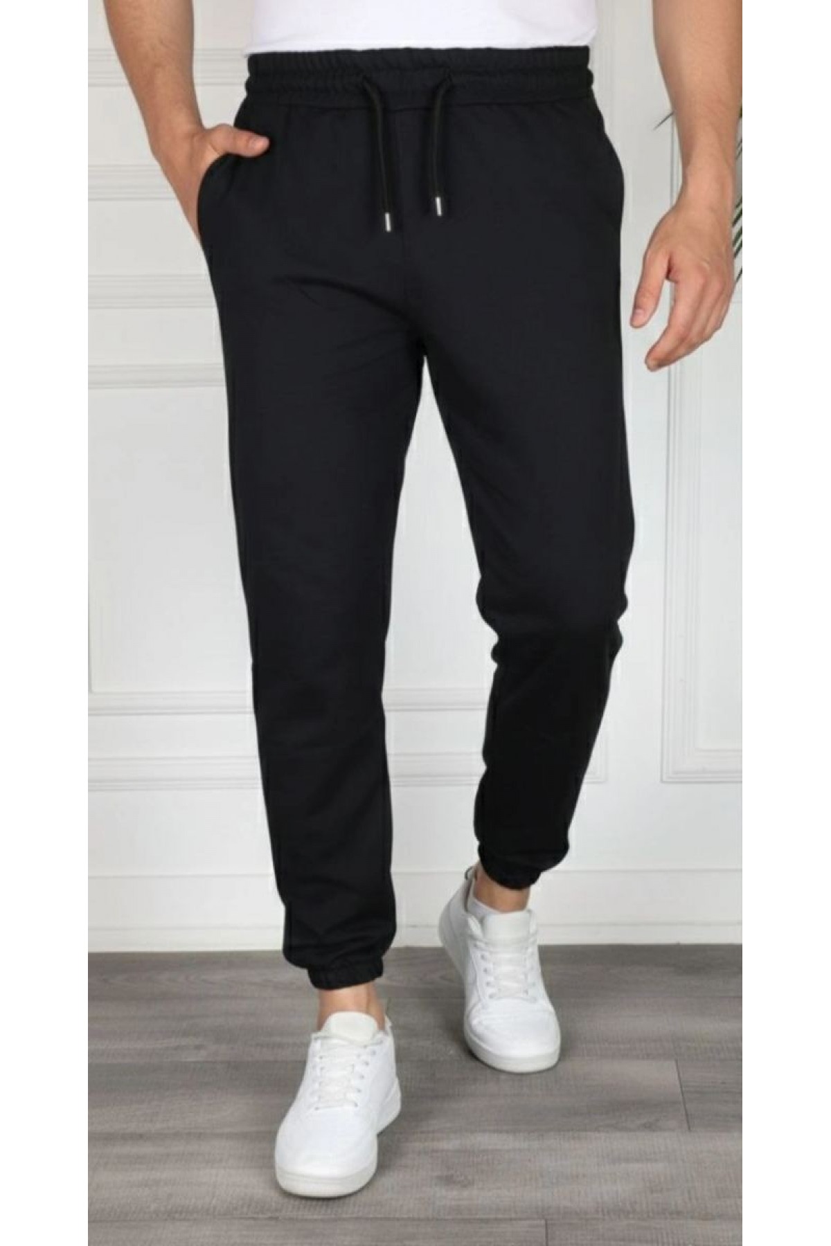 Erkek Jogger Eşofman Altı Cepli, Paça Lastikli , Spor Pantolon - Siyah